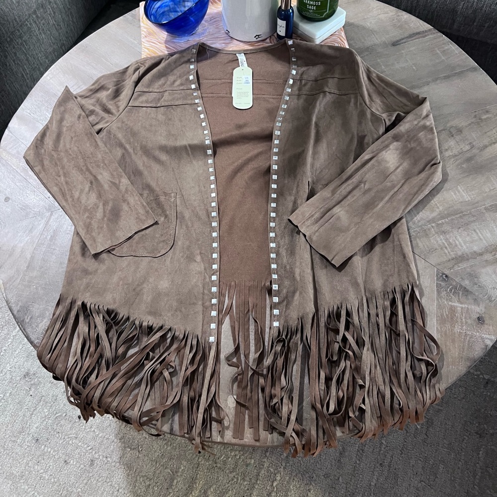 NWT Brown Suede Cardigan with Fringe!! Size L/XL